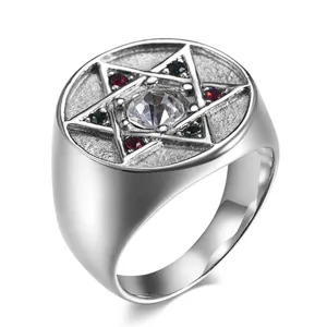 Herren Siegelring aus Titanstahl mit Hexagramm Stern Zirkonia und farbigen Strasssteinen