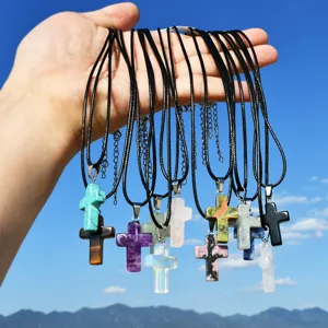 Fashion natural stone cross pendant leather rope necklace for women charm jewelry summer accessory