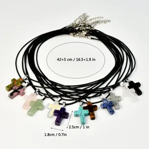 Natural stone cross pendant leather cord necklace fashion multi-color crystal jewelry