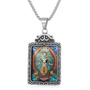 Collar con Colgante de Thangka de Acero de Titanio Pintado Vintage Joyería de Deidad Tallada de Tendencia China para Hombres Mujeres