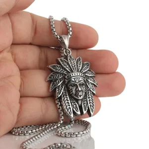 Stainless steel Indian chief pendant necklace for men, retro tribal biker jewelry chain.