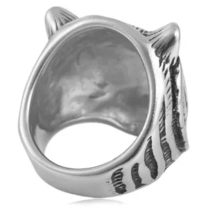 Mens titanium steel tiger head ring detailed close up view punk animal jewelry accessory