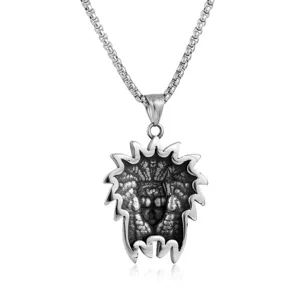 Detailed close-up view of the vintage stainless steel Indian chief pendant necklace with bold punk style.
