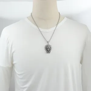 Men's titanium steel Indian chief pendant necklace detail view, retro cool style fashion accessory.