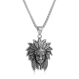 Men stainless steel Indian chief pendant necklace retro biker punk jewelry fashion accessory daily
