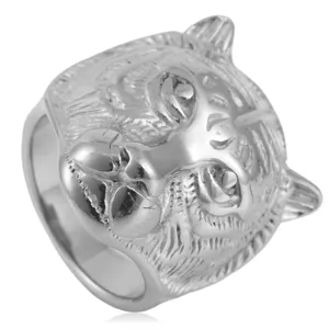 Men's titanium steel tiger head ring, detailed carved fierce animal band for cool guys.