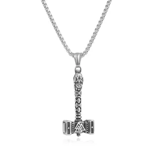 Norse Viking Thor's Hammer Mjölnir Pendant Necklace with Valknut Symbol Box Chain Jewelry