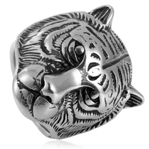 Detailed shot of retro punk stainless steel tiger head ring for men bold biker jewelry