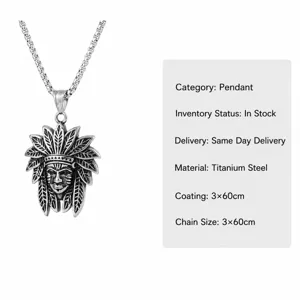 Mens Titanium Steel Indian Chief Pendant Necklace Vintage Punk Style Accessory Main View