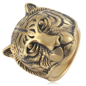 Men Vintage Gold Tiger Head Ring Titanium Steel Gothic Punk Animal Ring Fashion Jewelry