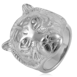 Mens tiger head ring in silver titanium steel, bold animal statement jewelry for men.