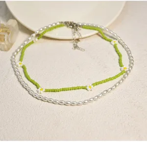Collier double couche perles et fleurs vert menthe bijoux de clavicule tendance mode femme