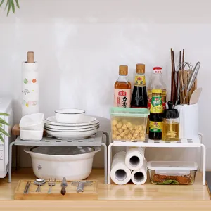 Kitchen extendable under sink organizer shelf, white and grey storage rack for tableware.