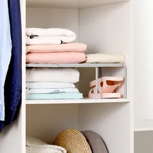 Retractable cabinet organizer shelf detail view, showing multi-layer wardrobe storage solution.