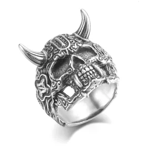 Men Vintage Gothic Titanium Steel Ring Horned Monster Skull Punk Biker Polished Electroplated Rings For Men Cool Boy Jewelry