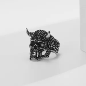 Stainless steel gothic demon skull ring for men, detailed vintage dark style band jewelry.