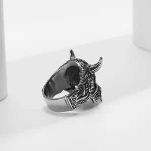 Vintage gothic demon horn skull titanium steel ring for men, detailed gothic jewelry.
