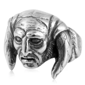 Vintage monster ring for men in titanium steel, retro alien creature head design silver.