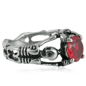 Anillo de calavera de acero de titanio vintage para hombre, diseño esqueleto gótico piedra roja.