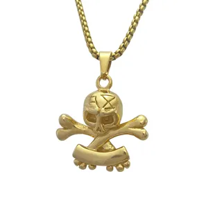 Collier pendentif tête de mort et os croisés doré avec chaîne en boîte, bijou en acier inoxydable.