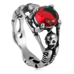 Anillo de calavera de acero inoxidable vintage con piedra roja para hombre punk gótico