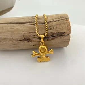 Collier pendentif crâne os en or vintage en acier titané bijoux de pirate cadeau.