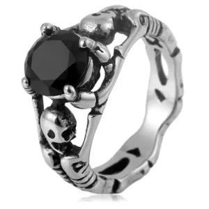 Anillo de calavera gótico para hombre, joya punk vintage de acero con piedra negra.