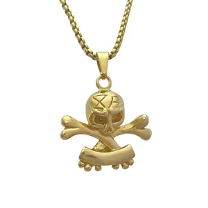 Pendentif collier tête de mort os en acier inoxydable doré, bijou style punk rétro homme.
