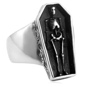 Gothic punk titanium steel coffin skeleton ring for men, detailed vintage jewelry piece.