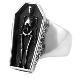 Men's vintage gothic stainless steel coffin skeleton ring punk style biker jewelry item