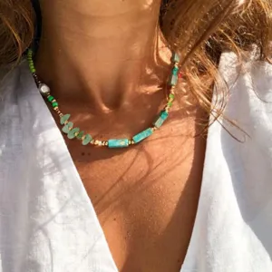 Collana Girocollo Boho Fatta a Mano Agata Verde Pietra Semipreziosa Perla Artificiale Gioielli da Spiaggia Estate