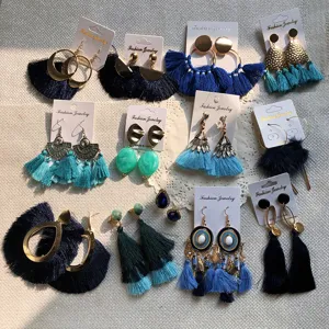 Orecchini Pendenti Boho in Lega Blu con Nappa per Donna Moda Strass Geometrici Perno in Lega di Titanio Gioielli