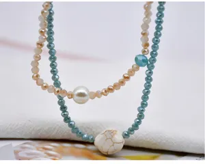 Collana girocollo di cristallo con perline a doppio strato e ciondolo turchese donna