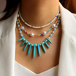 Collana multistrato con perline colorate e pendente turchese gioiello alla moda donna