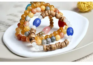 Retro bunter Kristall Stein Holzperlen mehrlagiges Armband für Damen Herren Schmuck