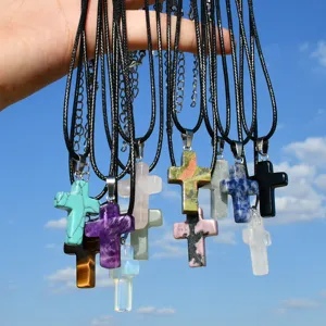Minimalist Turquoise Natural Stone Cross Pendant Necklace Fashion Euro-American Handmade Leather Cord Adjustable Chain Necklace For Thanksgiving Unisex Gift Jewelry