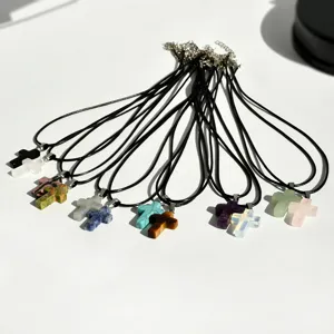 Natural gemstone cross pendant necklace set with black leather cord for women fashion jewelry