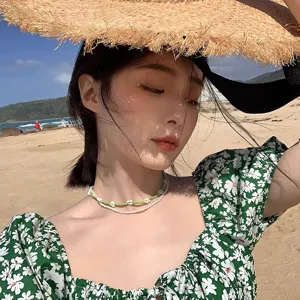 Collier multicouche de perles et fleurs vert menthe, bijoux tendance coréenne pour femmes.