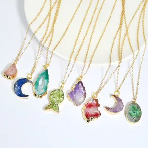 Bunte naturliche Achat Scheibe Anhanger Halsketten Set, unregelmasiger Kristall Schmuck Damen.