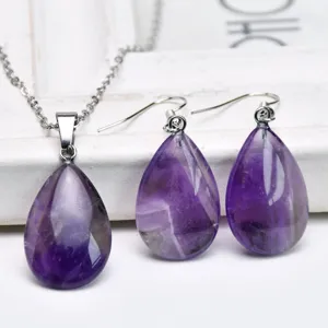 Vintage Natural Stone Water Drop Pendant Necklace Earrings Jewelry Set For Women Amethyst Rose Quartz Crystal Jewelry Set