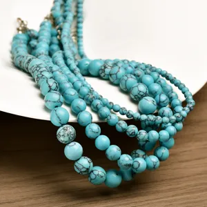 Collana di perle in turchese blu fatta a mano, girocollo di perline rotonde multistrato.