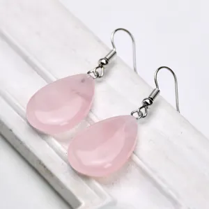 Rose quartz teardrop earrings elegant pink crystal hook jewelry for women daily wear accessory