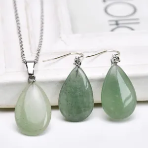 Green aventurine teardrop stone necklace and earrings jewelry set for women daily wear.