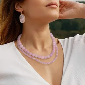 Natural purple jadeite bead layered necklace and earrings set elegant women jewelry choker accessory