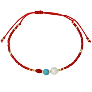 Handgeflochtenes rotes Armband mit Miyuki-Perlen, Türkis, Perle und Gold-Abstandshaltern.
