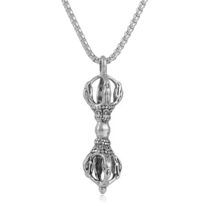 Stainless steel vajra pendant detail view, punk style metallic necklace close up craftsmanship.