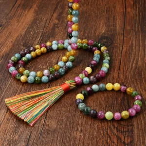 Collier mala de priere 99 perles en tourmaline coloree avec pompon bijoux moyen orient