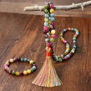 Collier de prière en perles de tourmaline colorées avec grand pompon et bracelet assorti