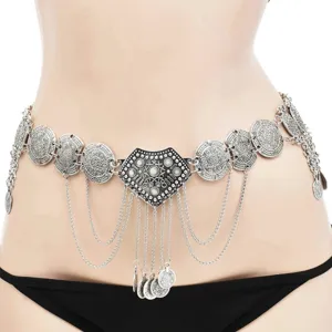 Boheemse zilveren munt taille ketting kwastje buikdans riem voor vrouwen vintage lichaamsjuweel