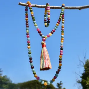 Parure de Bijoux en Perles de Tourmaline Rétro Exotique Collier Et Bracelet Combinés Mala de Prière Avec Gland Multicolore Femme